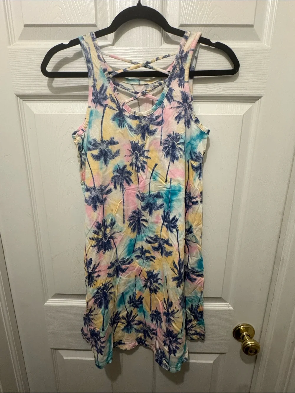 Kids Tropical Palm Print One-Piece Dress - Pink, Blue & Yellow size 14/16